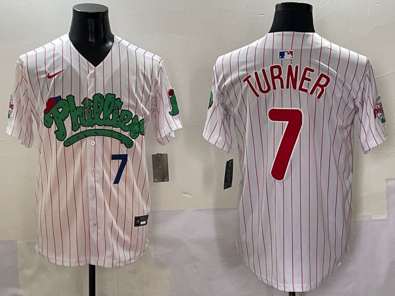 Men Philadelphia Phillies #7 Turner Stripe Red Four generations Joint Name 2025 Nike MLB Jersey style 3